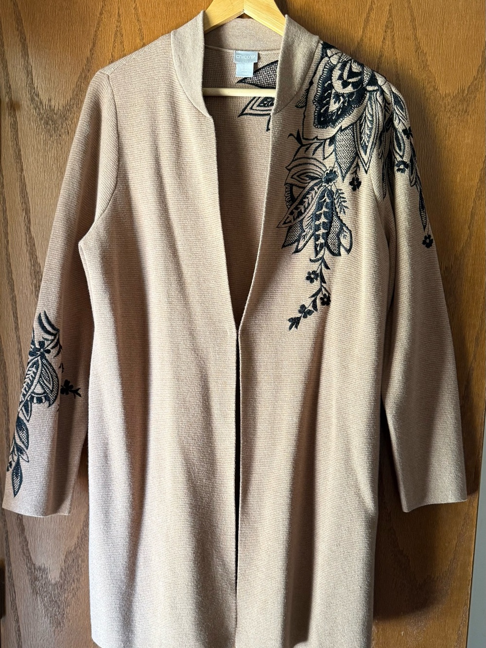 Chico's Tan Open-Front Cardigan with Black Floral Embroidery